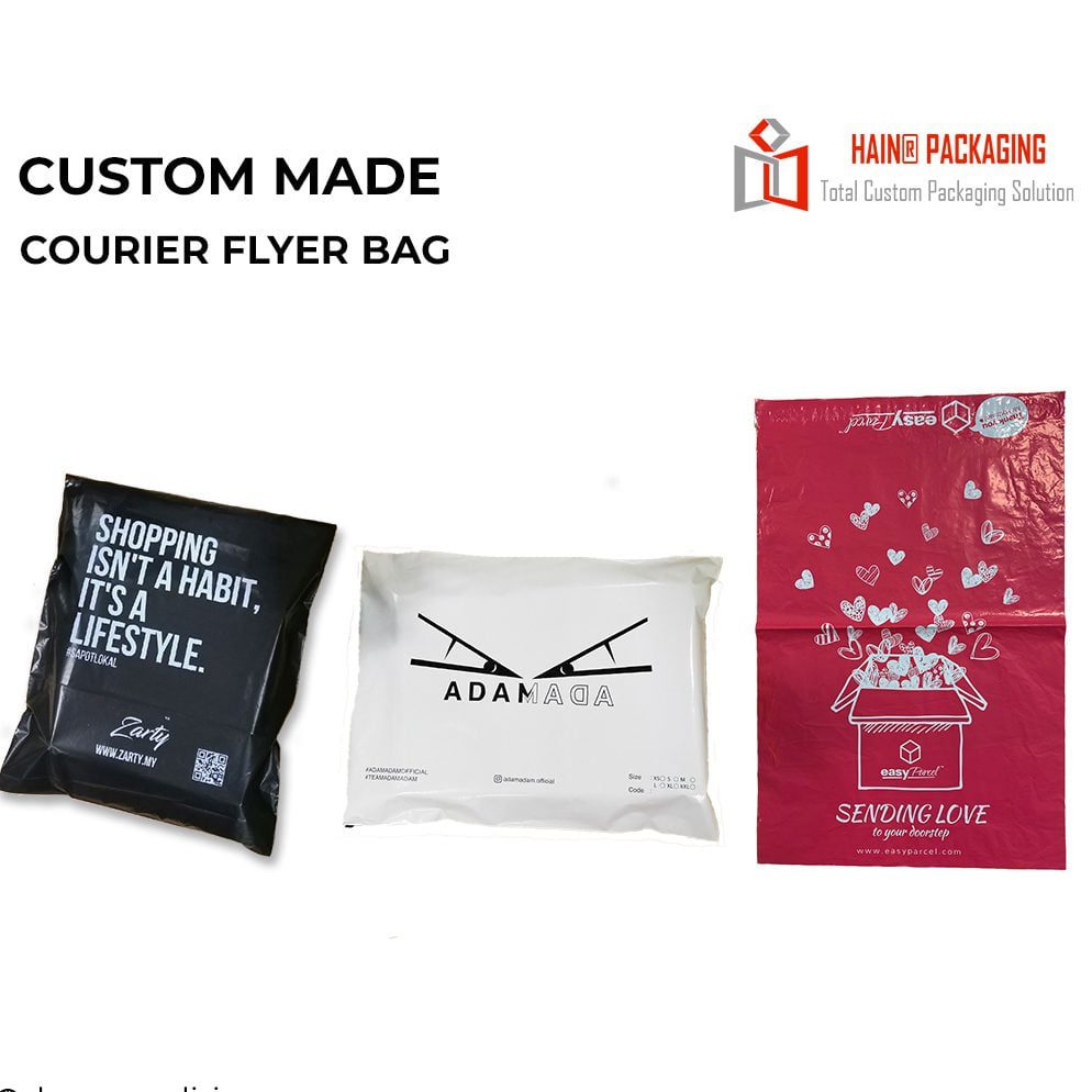 Three courier flyer bags in black, white and red, each printed with a logo and graphics, shown side by side as branded shipping packaging options