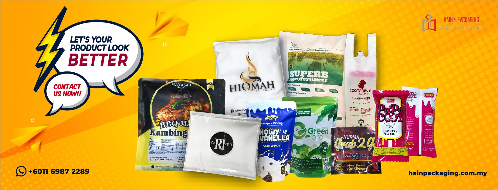 A collection of various food and agricultural product packaging, including pouches, bags, and wrappers, displayed against a bright yellow and orange background. Some packages feature images of food or graphics related to their contents.