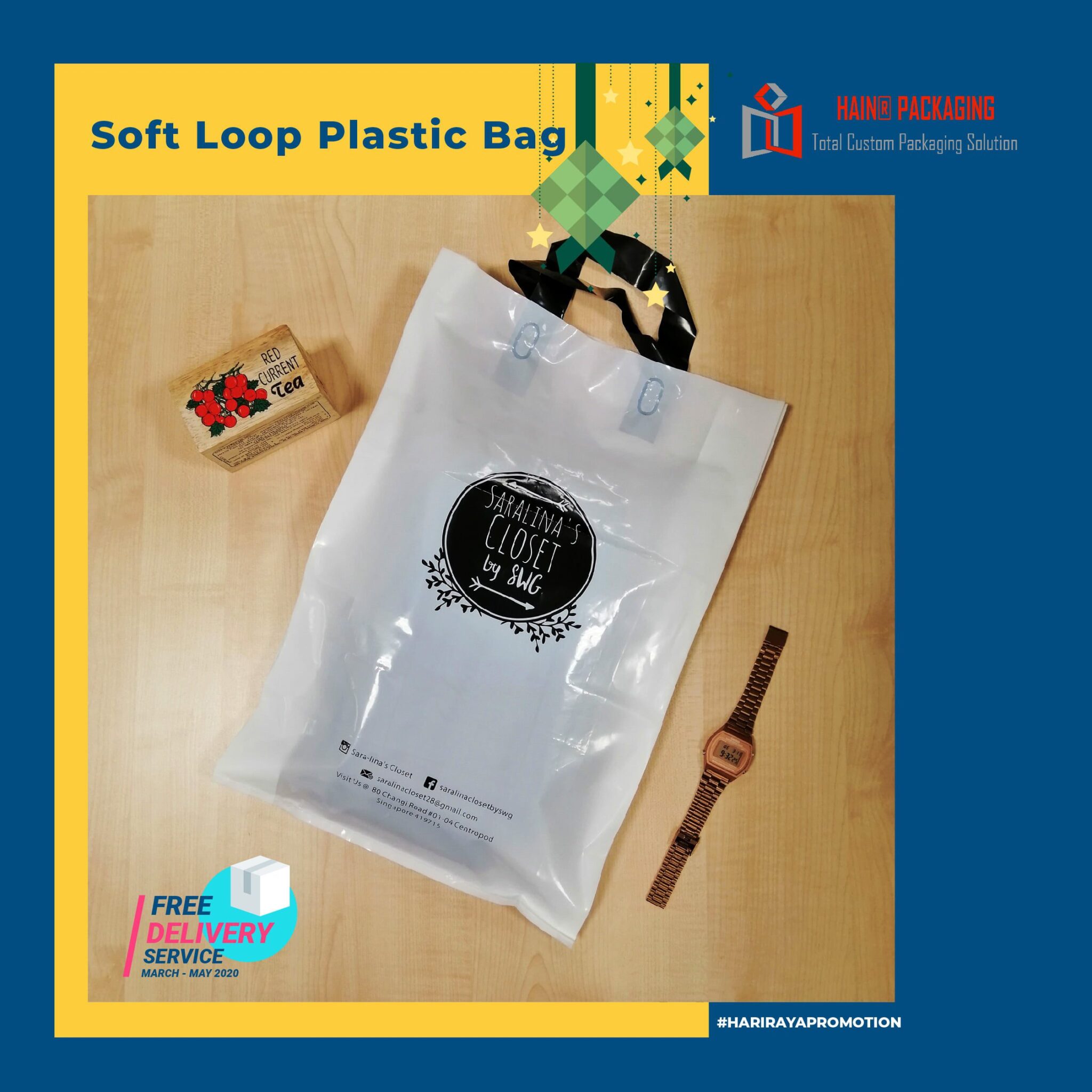 Custom printed soft loop plastic bag with a multi colour promotional print