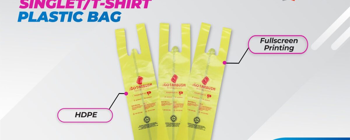 Three yellow plastic bags with handles, each printed with a restaurant logo and contact information. One bag is labeled 'HDPE' and another is highlighted with 'Fullscreen Printing'.