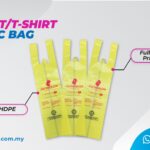 Three yellow plastic bags with handles, each printed with a restaurant logo and contact information. One bag is labeled 'HDPE' and another is highlighted with 'Fullscreen Printing'.