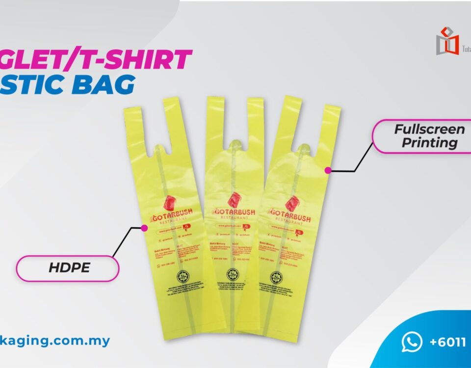 Three yellow plastic bags with handles, each printed with a restaurant logo and contact information. One bag is labeled 'HDPE' and another is highlighted with 'Fullscreen Printing'.
