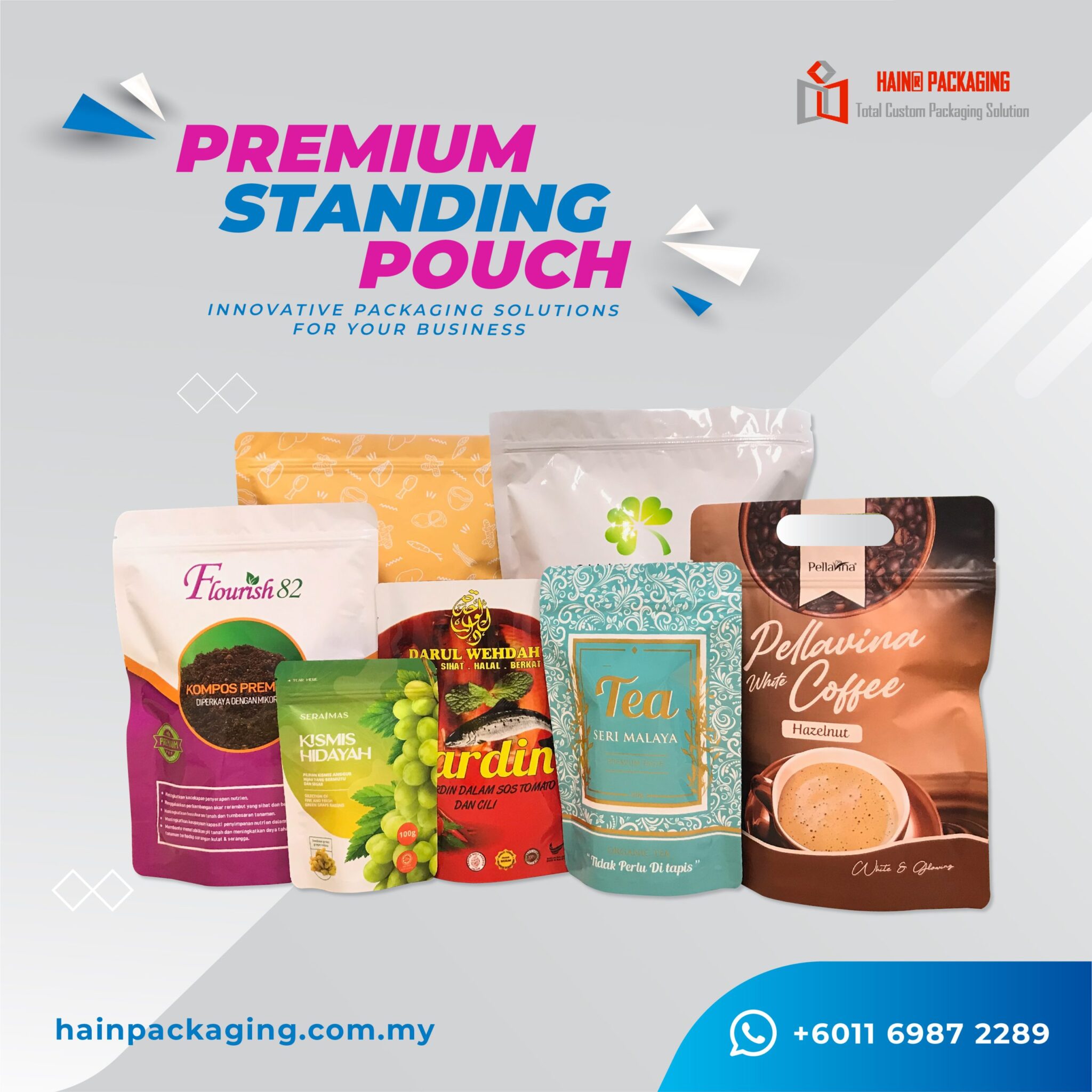 A collection of diverse stand-up pouches with various designs and product illustrations, including coffee, tea, dried fruits, and soil compost. Some pouches feature clear windows or printed graphics.