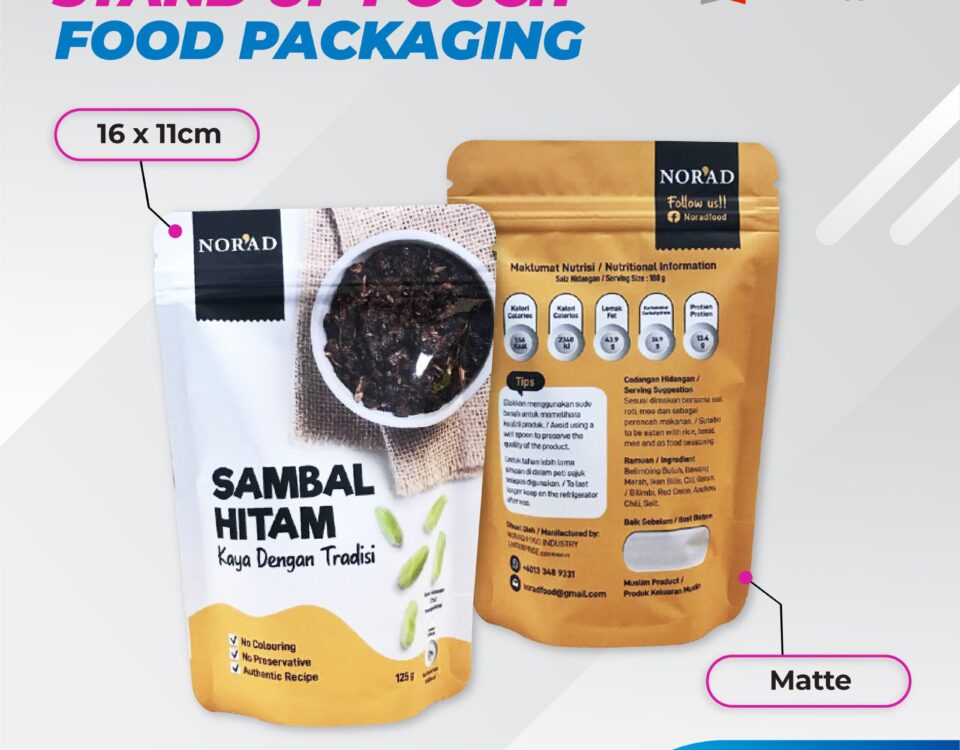 Two stand-up pouches, one white and one gold, with product information and branding. The white pouch displays "SAMBAL HITAM Kaya Dengan Tradisi" and nutritional details. The gold pouch shows "NORAD" branding and nutritional information. A label indicates "16 x 11cm" and "Matte".