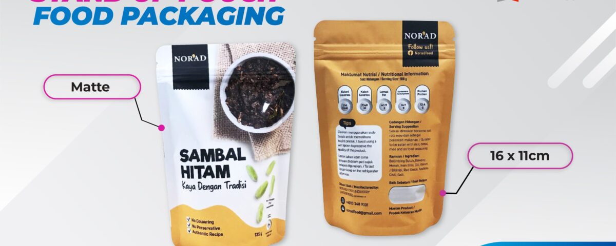 Two stand-up pouches are displayed. The left pouch is white with black text and a picture of food. The right pouch is golden brown with nutritional information and ingredients listed. A pink oval highlights 'Matte' and another highlights '16 x 11cm'.