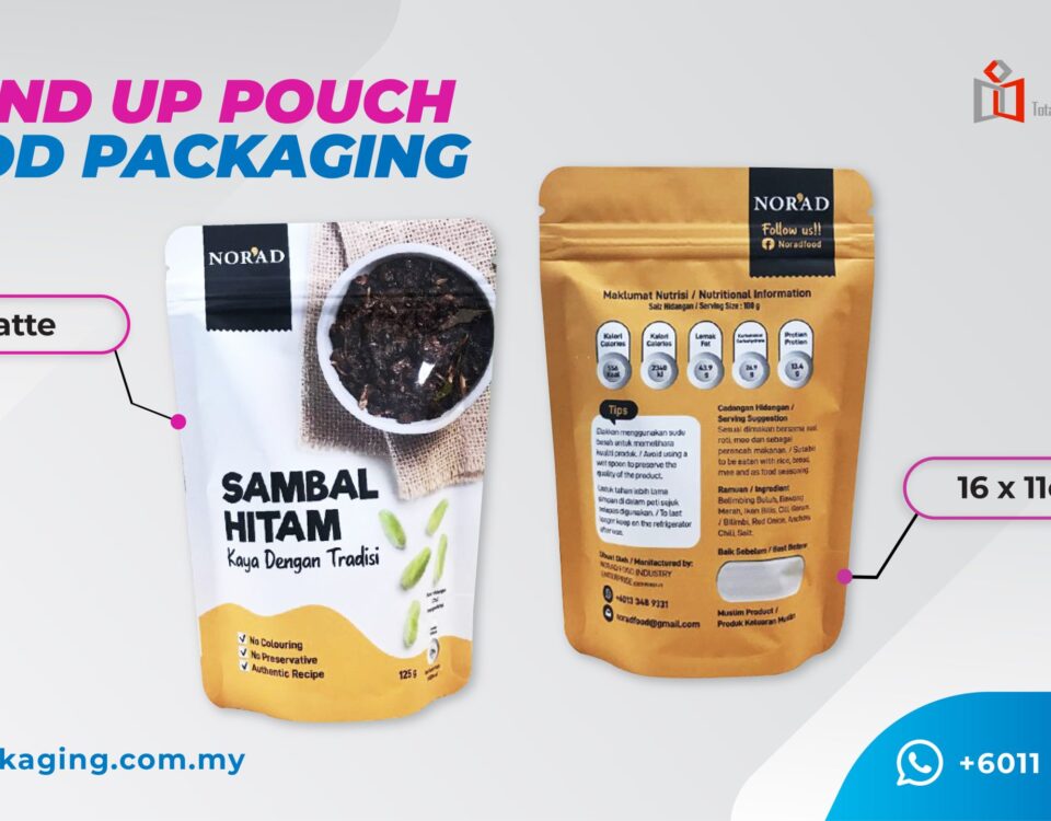 Two stand-up pouches are displayed. The left pouch is white with black text and a picture of food. The right pouch is golden brown with nutritional information and ingredients listed. A pink oval highlights 'Matte' and another highlights '16 x 11cm'.