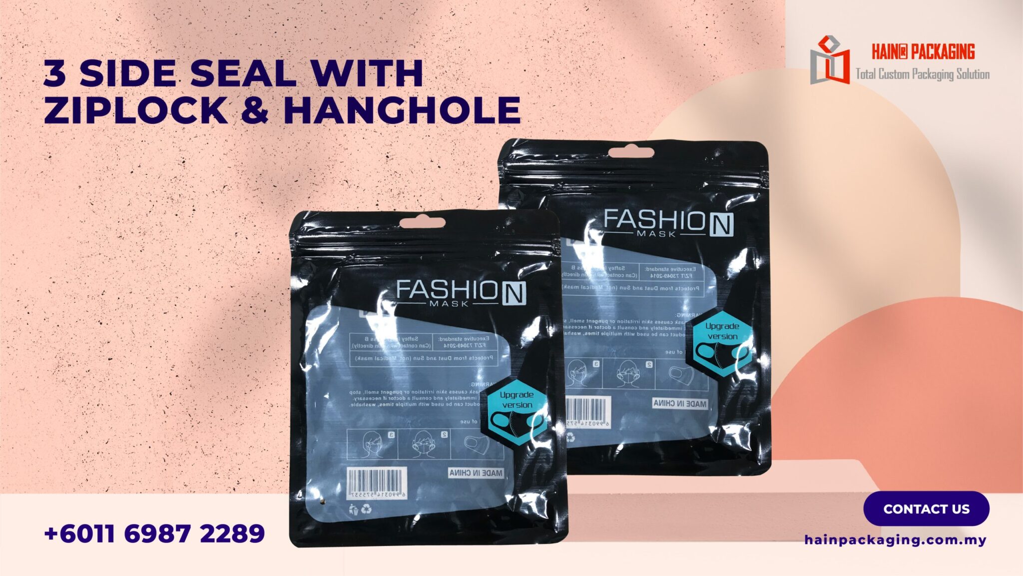 Two black stand-up pouches with a ziplock closure and a hang hole, one showing a clear window