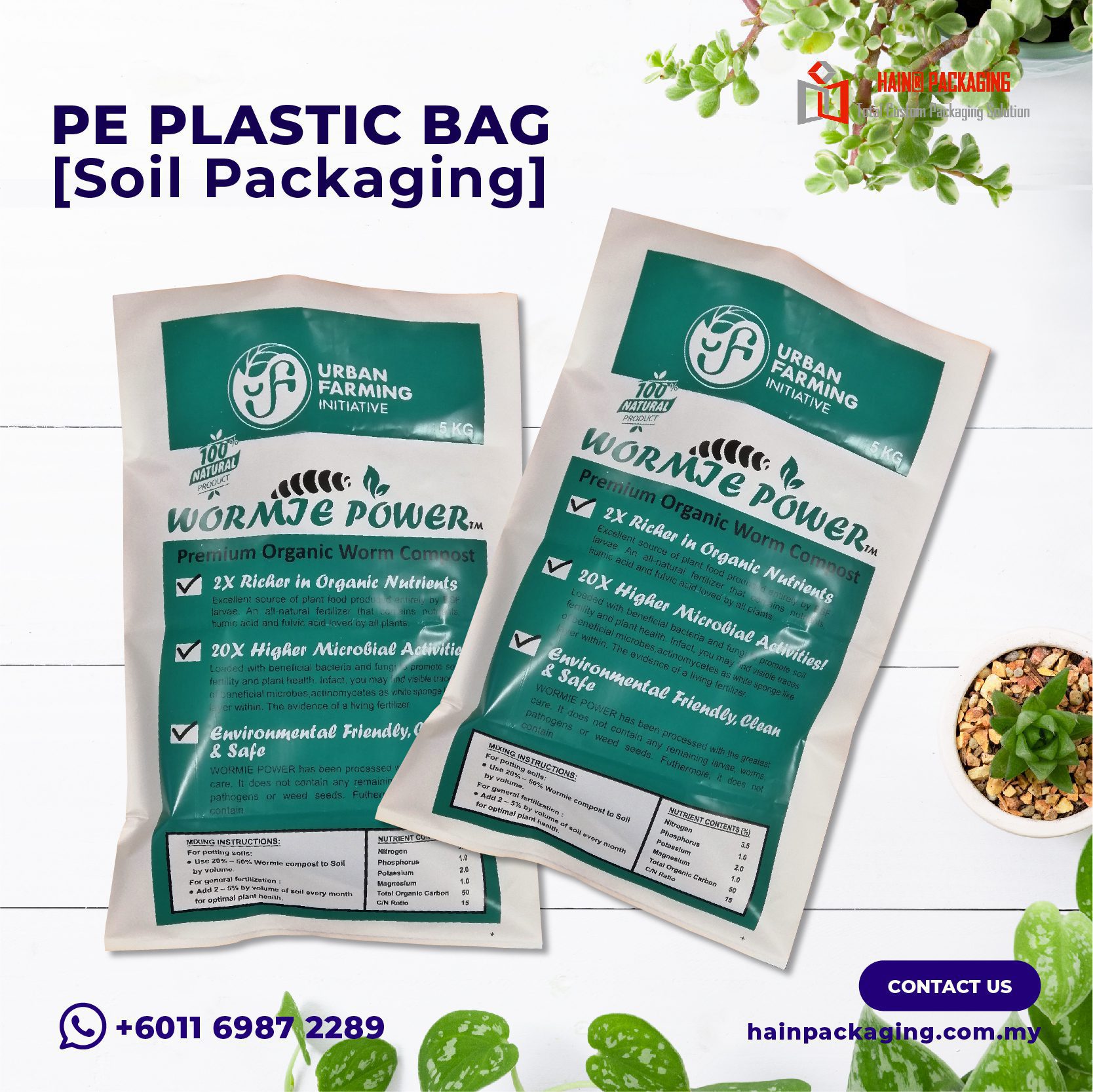 Custom printed 5kg PE plastic bags with green and white labels showing how gauge and print set custom packaging cost