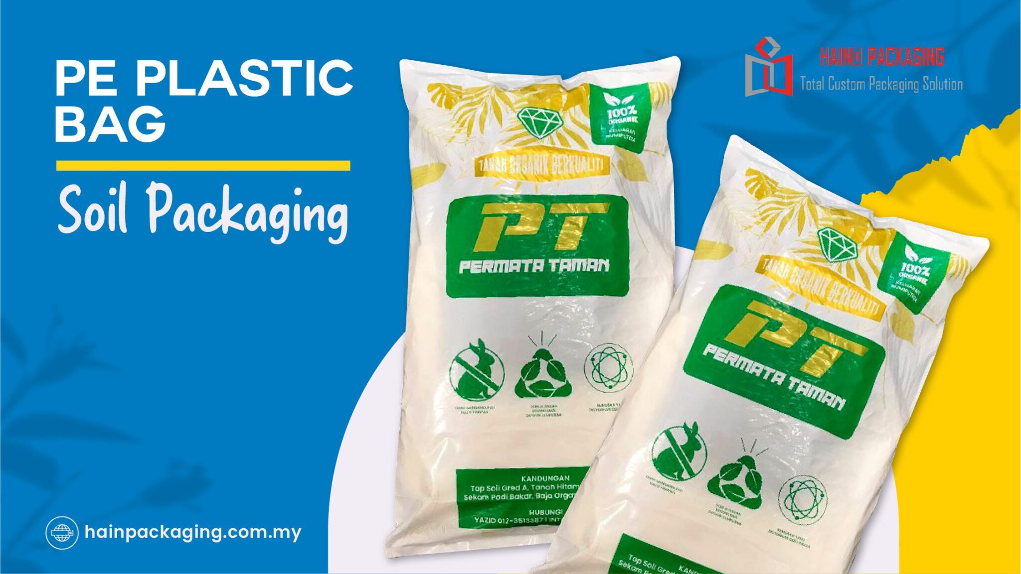 Two white plastic bags filled with soil, featuring green and yellow branding. The bags have a glossy finish and are printed with text and graphics, including a diamond, leaves, and recycling symbols.