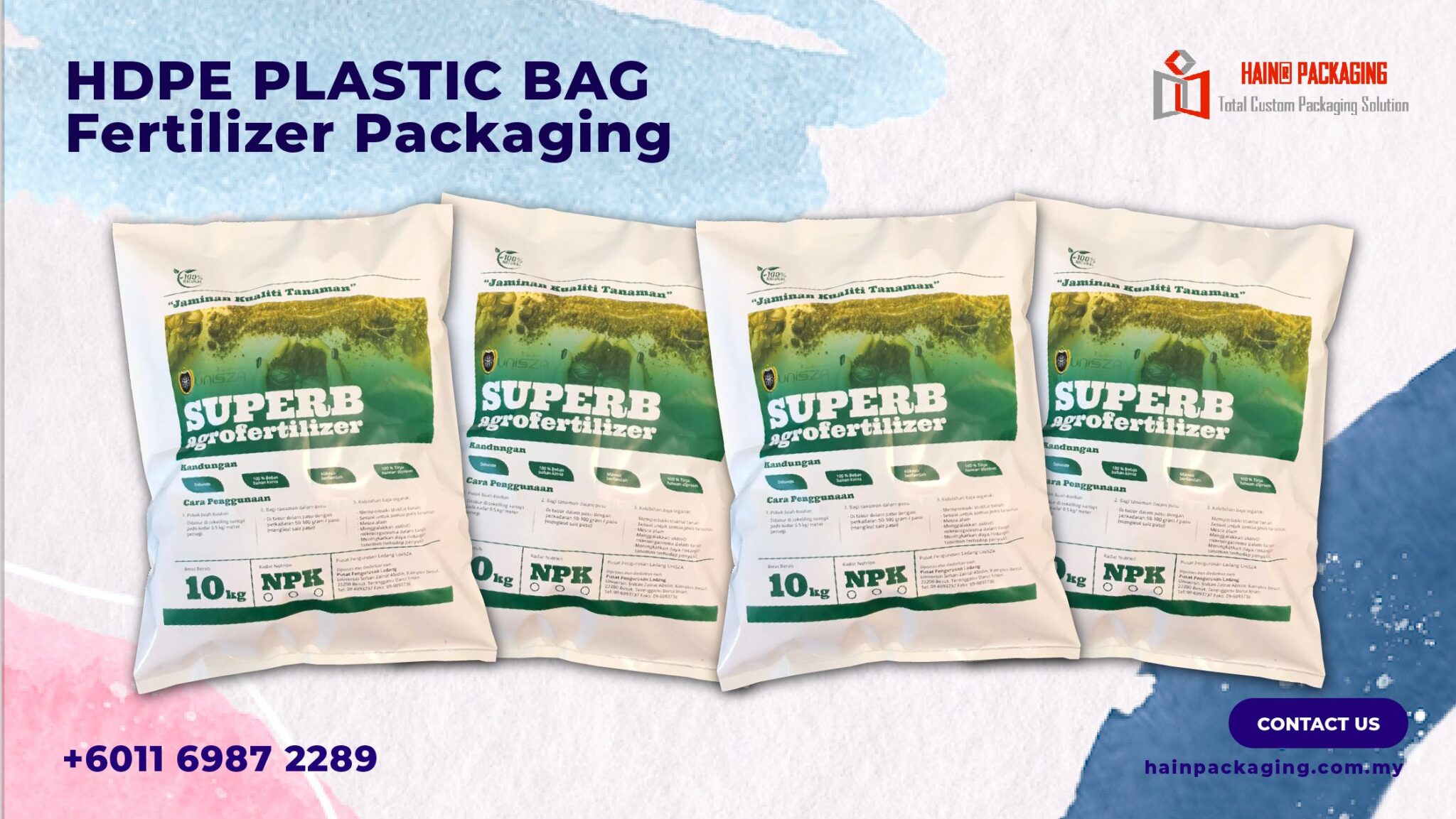 Four white plastic bags of fertilizer are displayed. Each bag features a green and yellow landscape graphic at the top, with the text 'SUPERB agrofertilizer' prominently displayed. Below this, there are sections for 'Kandungan' (Contents) and 'Cara Penggunaan' (How to Use). The weight '10kg' and 'NPK' are clearly visible on each bag.