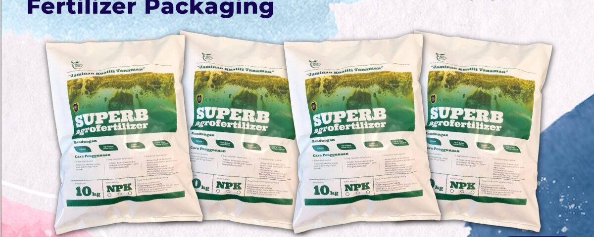Four white bags of fertilizer are displayed, each featuring a green and yellow landscape graphic at the top and prominent text indicating "SUPERB agrofertilizer" and "10kg NPK".