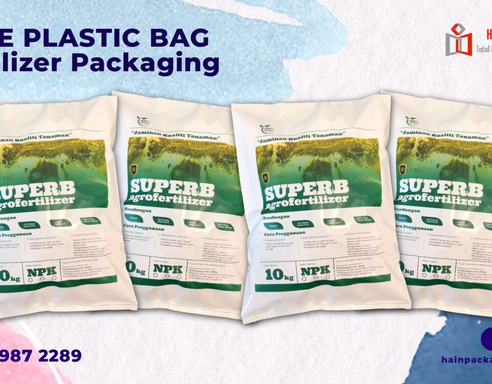 Four white bags of fertilizer are displayed, each featuring a green and yellow landscape graphic at the top and prominent text indicating "SUPERB agrofertilizer" and "10kg NPK".