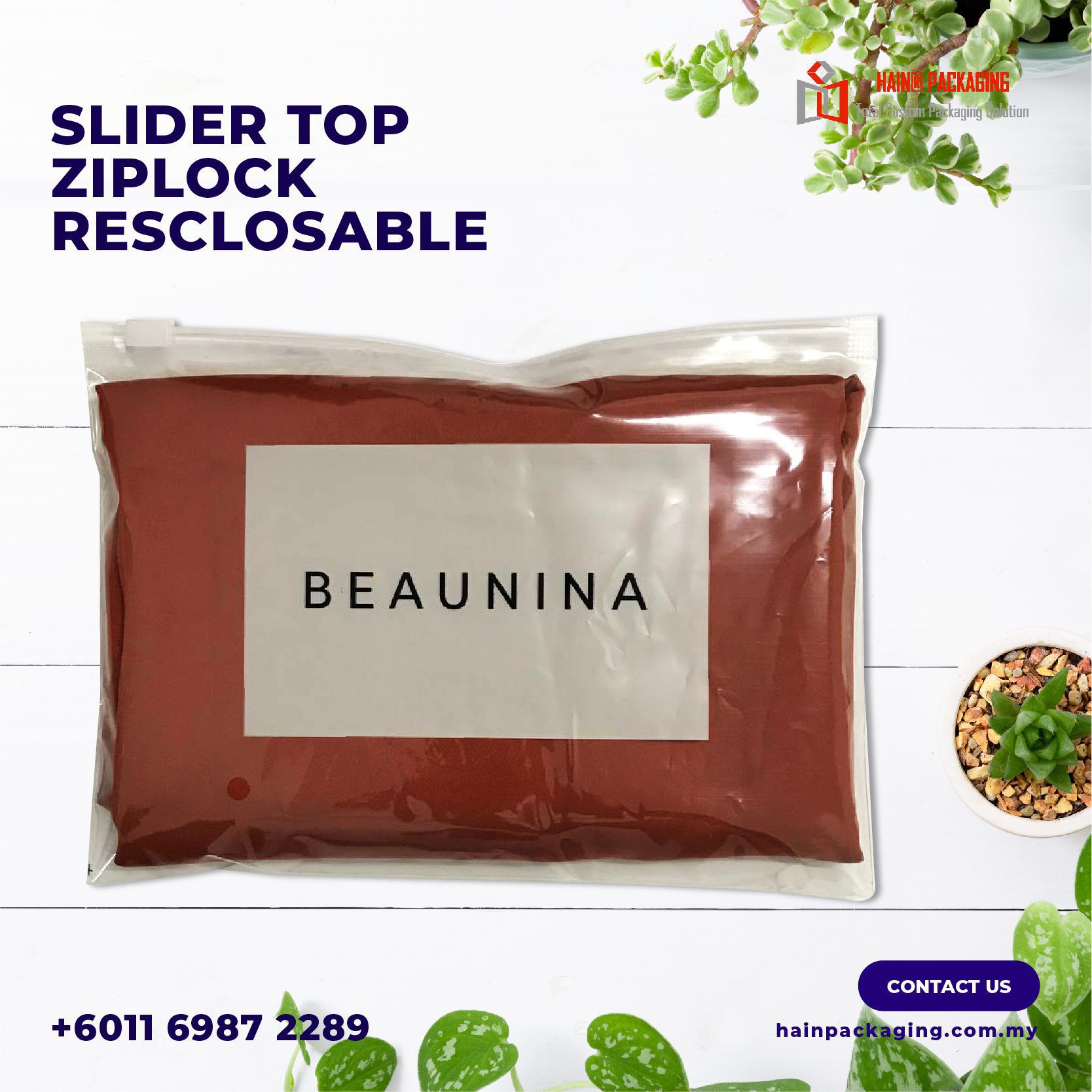 A clear resealable ziplock pouch containing a reddish-brown powder. A white label with the text 'BEAUNINA' is centered on the pouch. The pouch has a white slider closure at the top.
