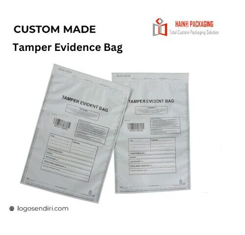 Two white, rectangular tamper-evident security bags with printed text and fields for recipient and sender information.
