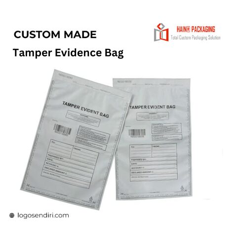 Two white, rectangular tamper-evident security bags with printed text and fields for recipient and sender information.