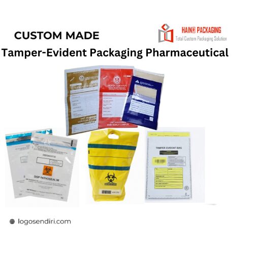 A collection of various tamper-evident packaging bags and envelopes, including white and blue envelopes with clear windows, a yellow bag with black stripes and a biohazard symbol, and a white envelope with yellow and black text. The image also features text indicating custom-made pharmaceutical packaging.