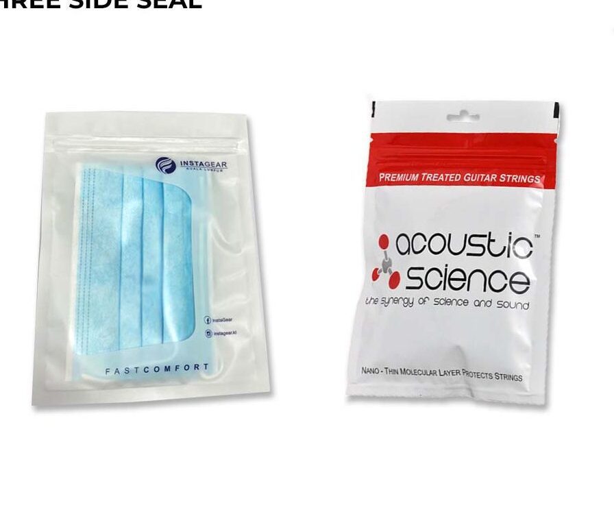 Two sealed pouches are displayed. The left pouch is transparent and contains blue face masks. The right pouch is white with red and black printing, advertising guitar strings.