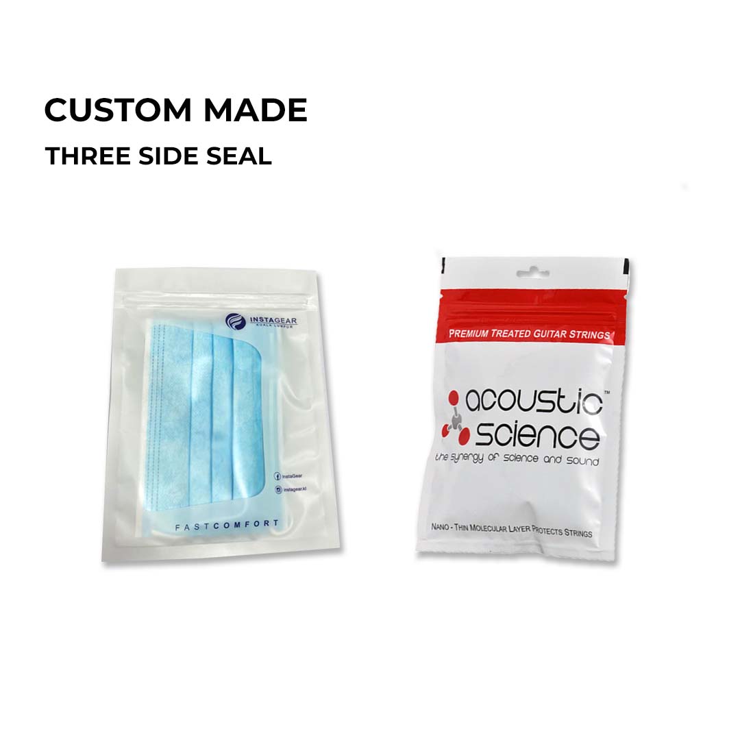 Two product packages are displayed against a white background. The package on the left is a clear, resealable pouch containing light blue face masks. The package on the right is a white and red pouch with text and graphics indicating it contains guitar strings.