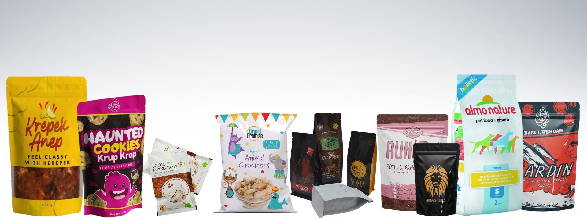 A collection of stand-up pouches and bags for food and pet food products, including the cat food pouch format