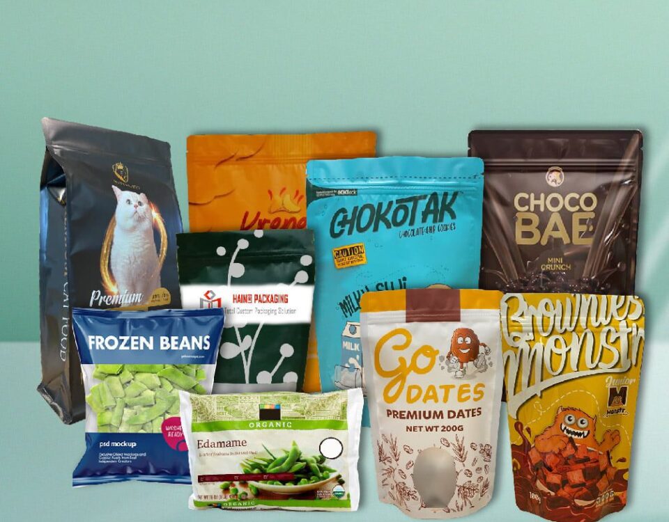 A collection of various stand-up pouches and bags for food products, including cat food, frozen beans, edamame, cookies, dates, and brownies, displayed against a light blue background.