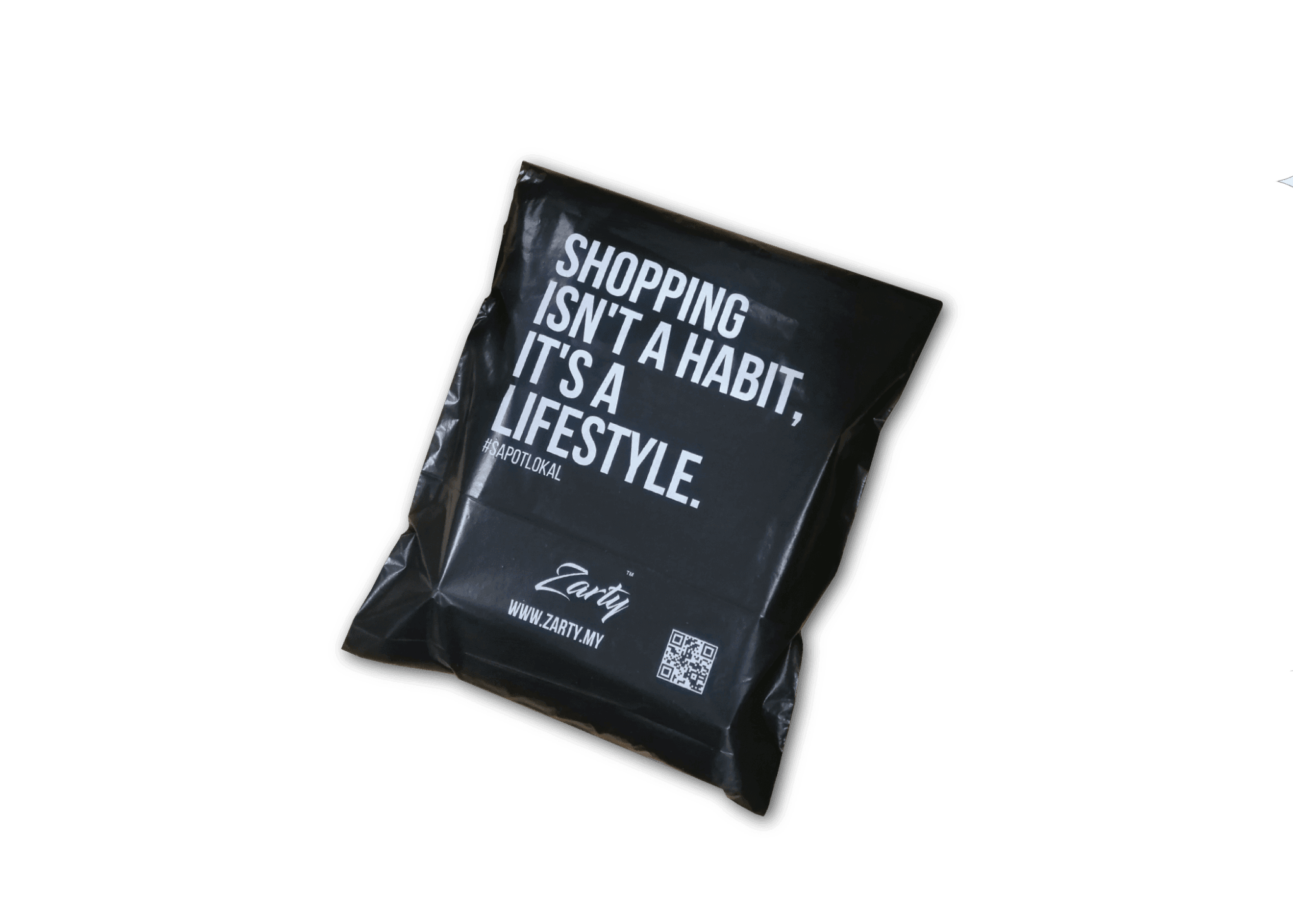 Black mailing bag printed with a slogan, hashtag, brand name, website and QR code, illustrating ink coverage on a padded mailer