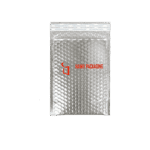 A silver padded mailer envelope with a bubble-lined interior and a peel-off adhesive strip along the top opening. The envelope features a logo and text reading 'HAINER PACKAGING' and 'Custom Packaging Solutions'.