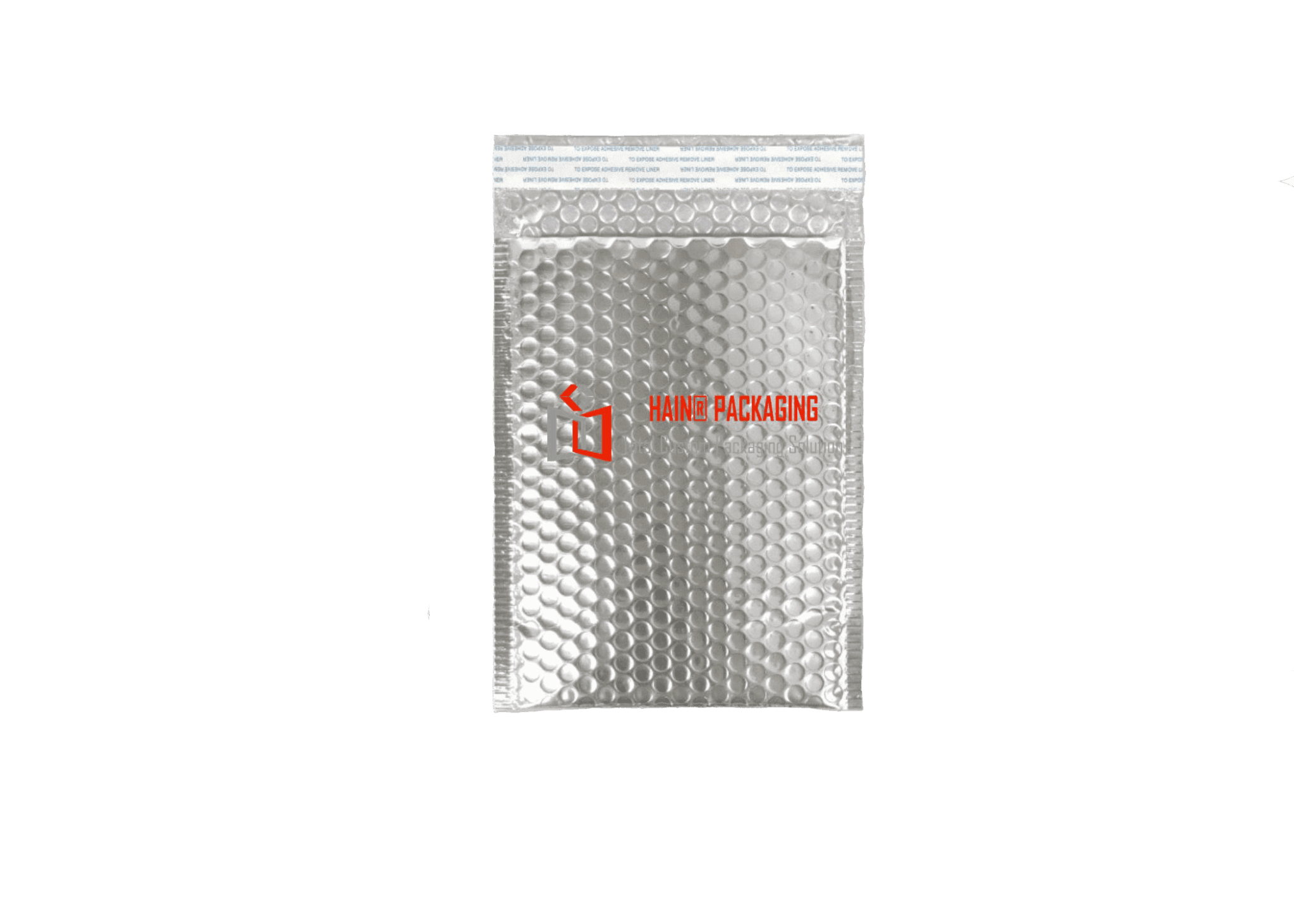 A silver padded mailer envelope with a bubble-lined interior and a peel-off adhesive strip along the top opening. The envelope features a logo and text reading 'HAINER PACKAGING' and 'Custom Packaging Solutions'.