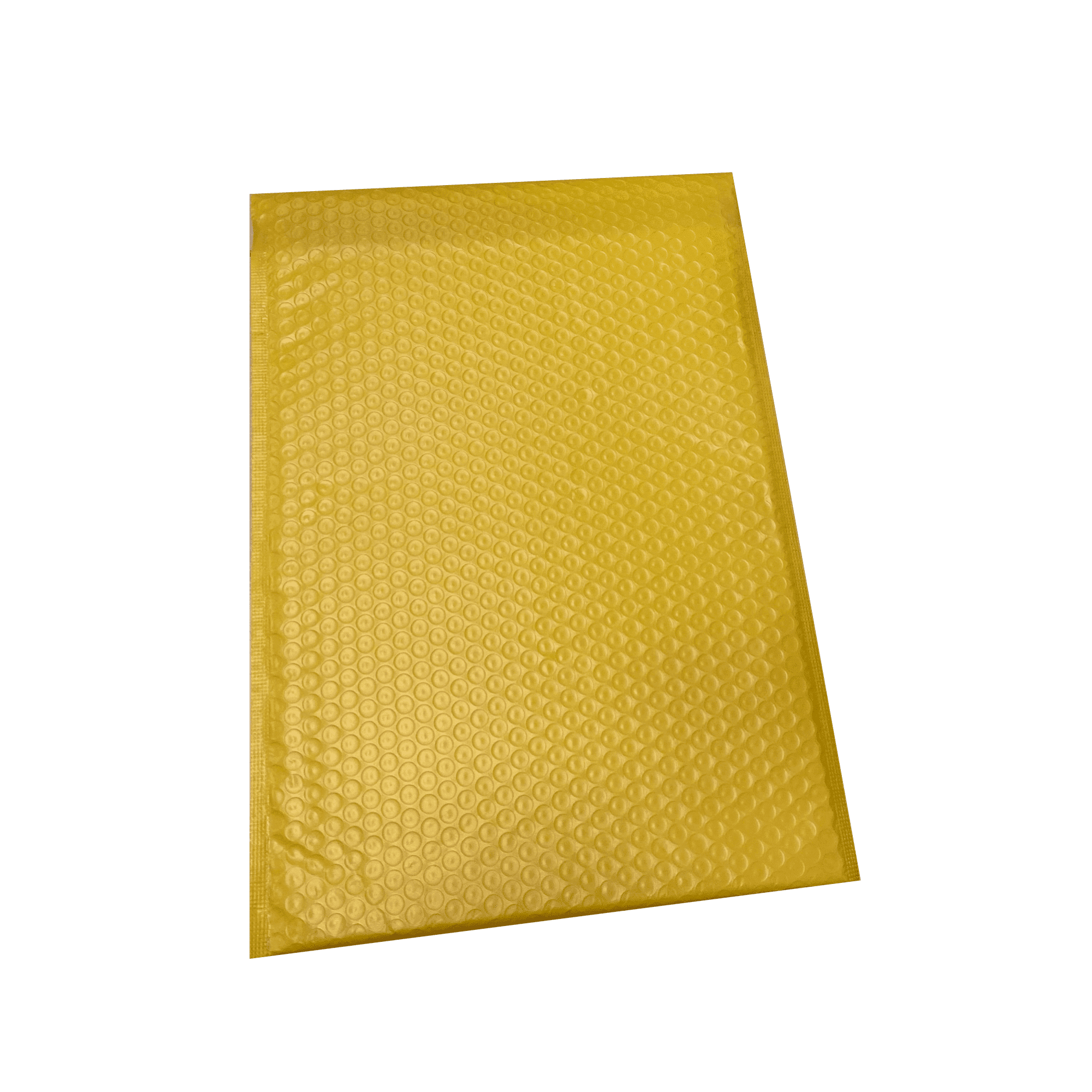 Yellow padded mailer envelope with a bubble-lined interior shown at an angle, a bubble poly mailer custom format with a peel-off closure strip