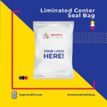 A white, center-seal bag with the text 'YOUR LOGO HERE!' printed prominently. The bag is shown against a vibrant background with geometric shapes and text indicating customization options.