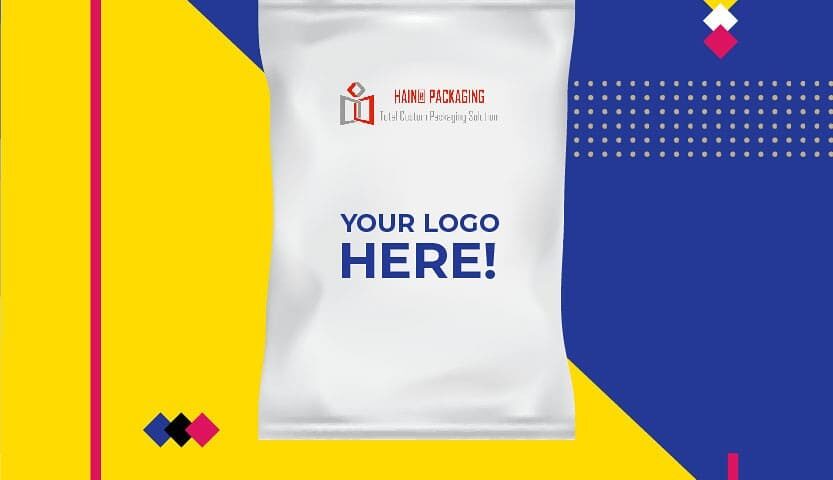 A white, center-seal bag with the text 'YOUR LOGO HERE!' printed prominently. The bag is shown against a vibrant background with geometric shapes and text indicating customization options.