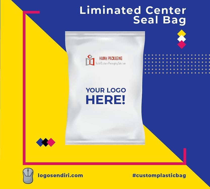 A white, center-seal bag with the text 'YOUR LOGO HERE!' printed prominently. The bag is shown against a vibrant background with geometric shapes and text indicating customization options.