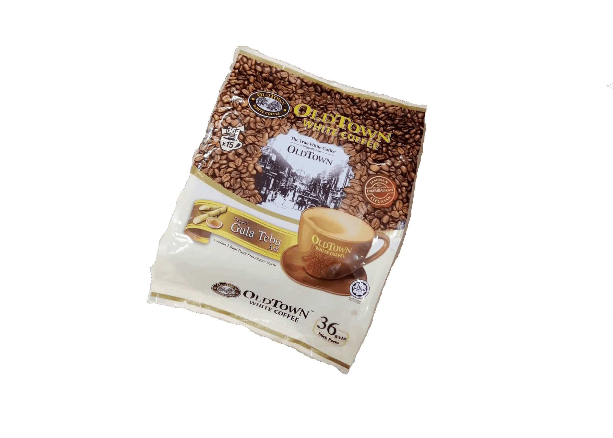 A white and brown pouch of OldTown White Coffee stick packs, featuring an image of coffee beans, a cup of coffee, and text indicating the product is made with cane sugar.