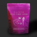 A magenta stand-up pouch with a resealable top, featuring white text and graphics. The text reads 'QASEH PLUS FIBRE DRINK' and 'LEMON TEA FLAVOUR'. Graphics include a stylized woman's face with a crown and rose, and a silhouette of a woman.