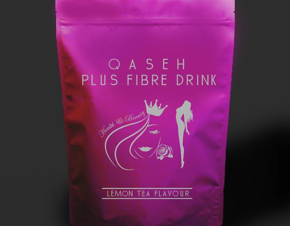A magenta stand-up pouch with a resealable top, featuring white text and graphics. The text reads 'QASEH PLUS FIBRE DRINK' and 'LEMON TEA FLAVOUR'. Graphics include a stylized woman's face with a crown and rose, and a silhouette of a woman.