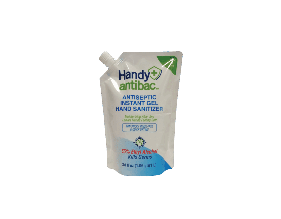 A white, flexible pouch with a white screw-top spout angled upwards. The pouch is printed with blue and green text and graphics, including the brand name, product type, and volume.