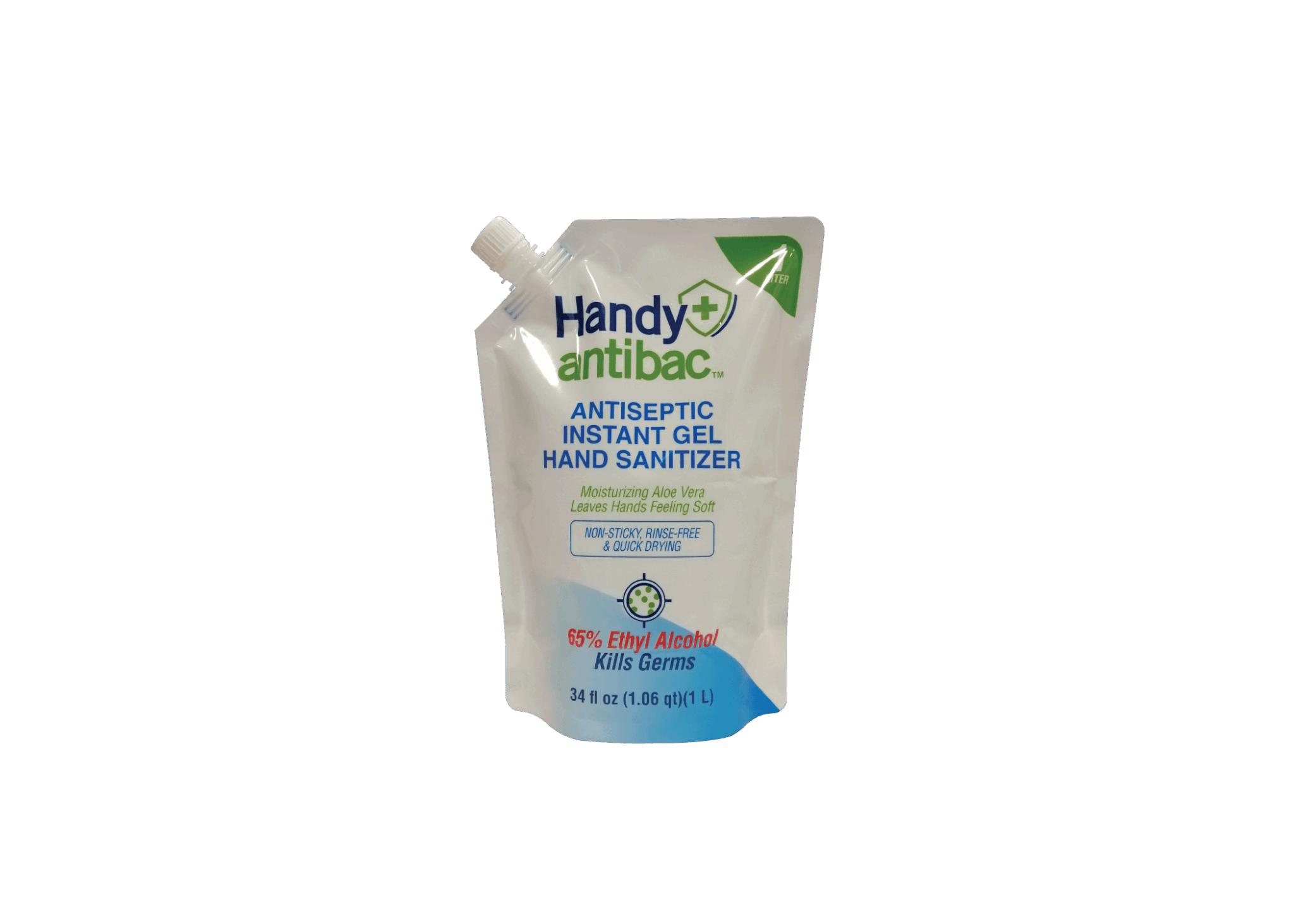 A white, flexible pouch with a white screw-top spout angled upwards. The pouch is printed with blue and green text and graphics, including the brand name, product type, and volume.
