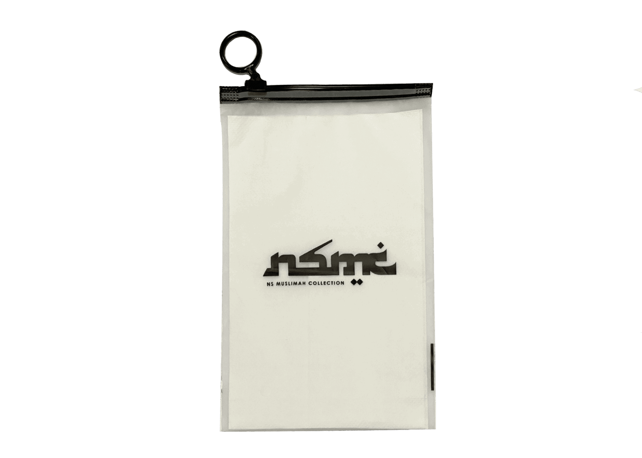 A clear resealable pouch with a black zipper closure and a black ring pull. The pouch contains a white insert and features black text and logos.