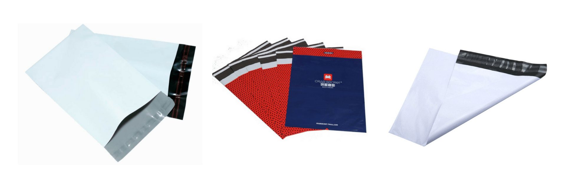 Three different types of mailing envelopes displayed against a white background. The left envelope is white with a silver interior and a black and red sealing strip. The middle features a stack of red envelopes with a black dot pattern and a blue envelope with white text and a logo. The right envelope is white with a black and gray sealing strip.